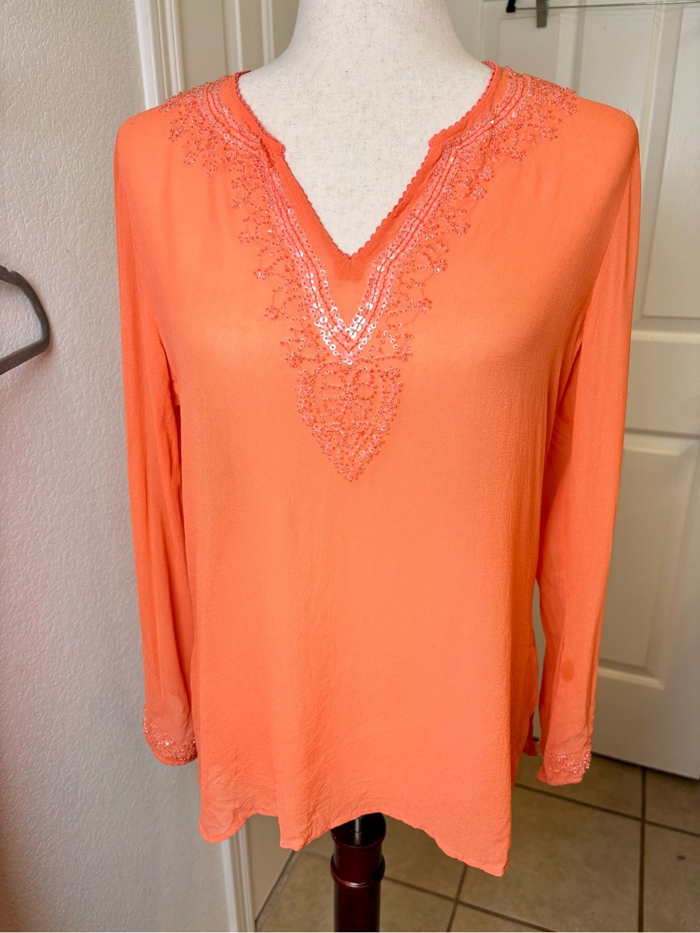 Itsu Silk Bright Orange Embellished Coastal Vacation Resortwear Blouse Top Large